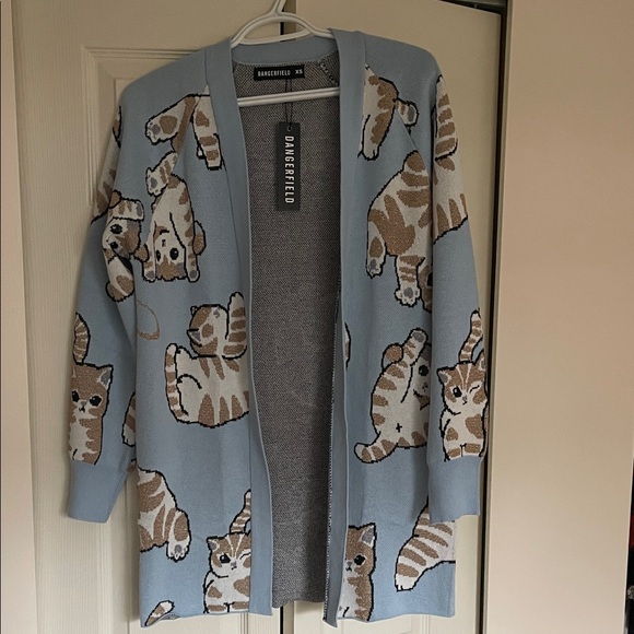 Dangerfield Sweaters - Dangerfield Light Blue Cardigan with Cat Design